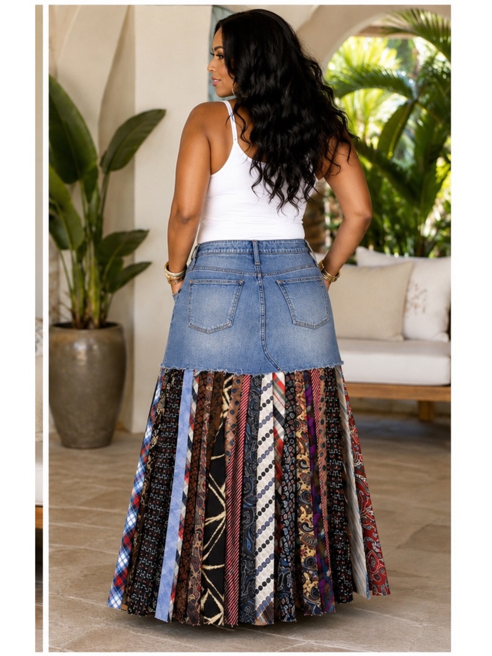 Upcycled Women’s Denim Men’s Ties Maxi Skirt - Picture 2 of 4
